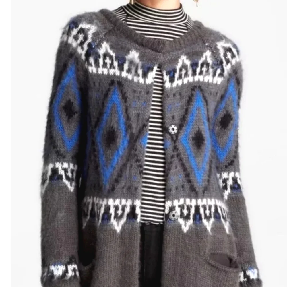 Free People Frosted Fair Isle Gray‎ Blue Cardigan Sweater